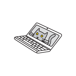 A drawing of a floating laptop, with a cat on the screen