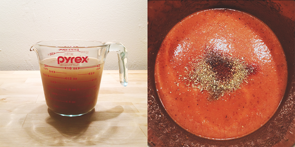 A split photo. On the left is a Pyrex measuring cup with a translucent brown stock in it; on the right is an above-shot of a pot of tomato soup with a heavy sprinkling of black pepper and herbs.