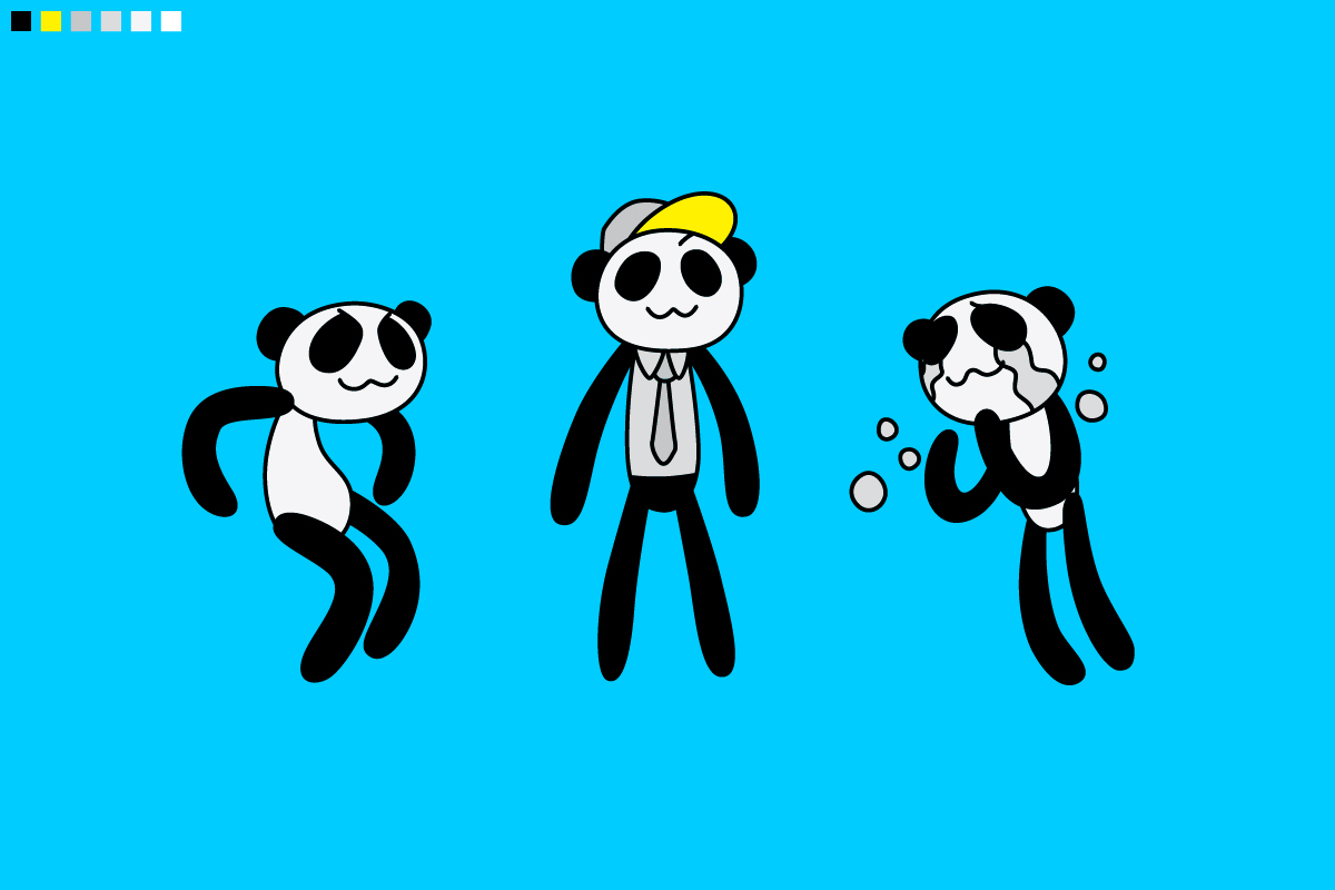 3 pandas about to jump, being Kevin, and bawlin