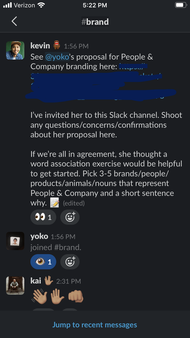 A screenshot of People & Company’s Slack, where Kevin invited me to the #brand channel and asked the word association prompt on my behalf: “Pick 3 – 5 nouns that represent People & Company and a short sentence why.” Kai greeted me with some friendly hand emojis.