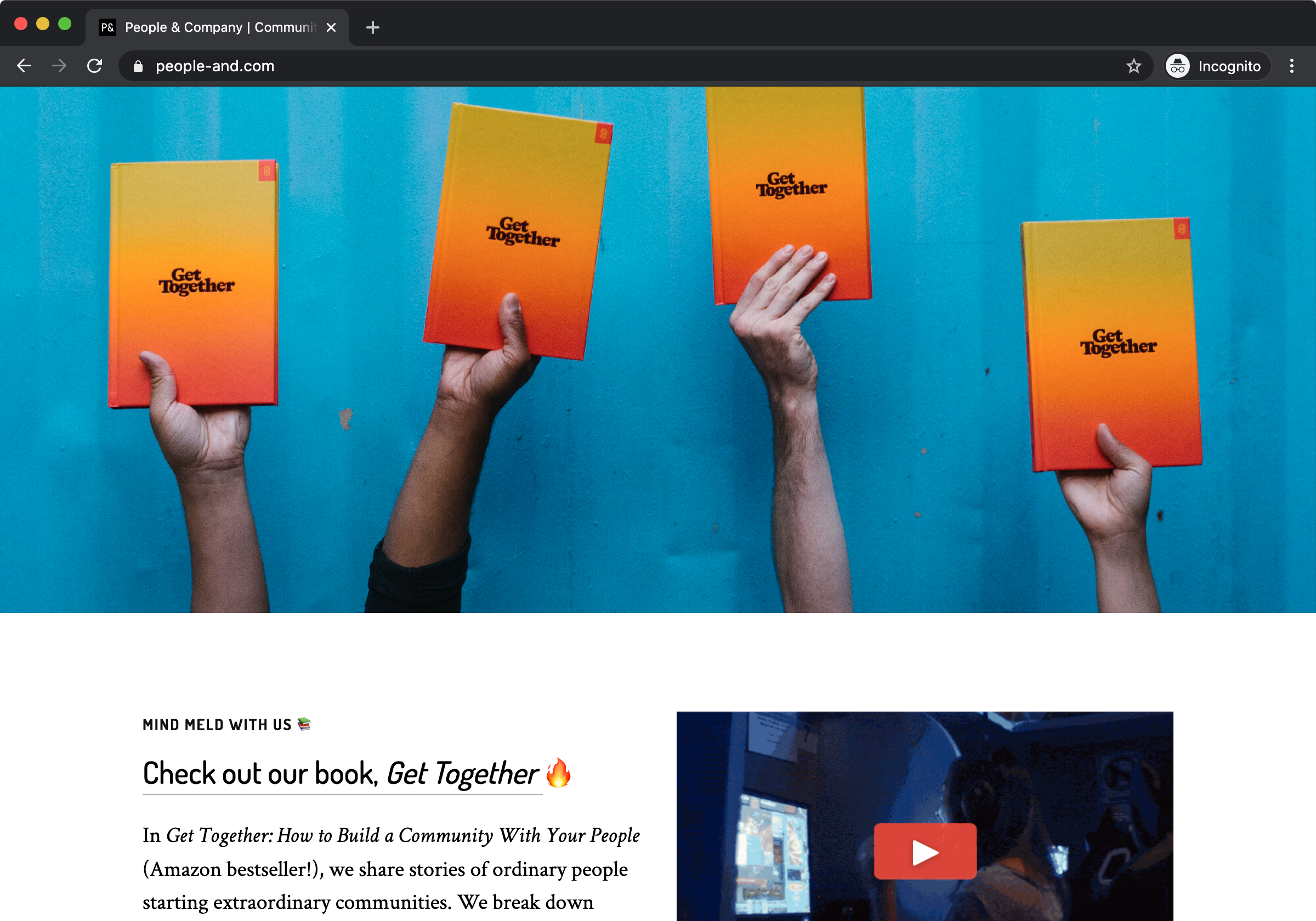 A screenshot of a browser on the People & Company website. It’s mostly a photo of a blue wall with a bunch of hands holding up Get Together, which has a cover that gradates from yellow to red.