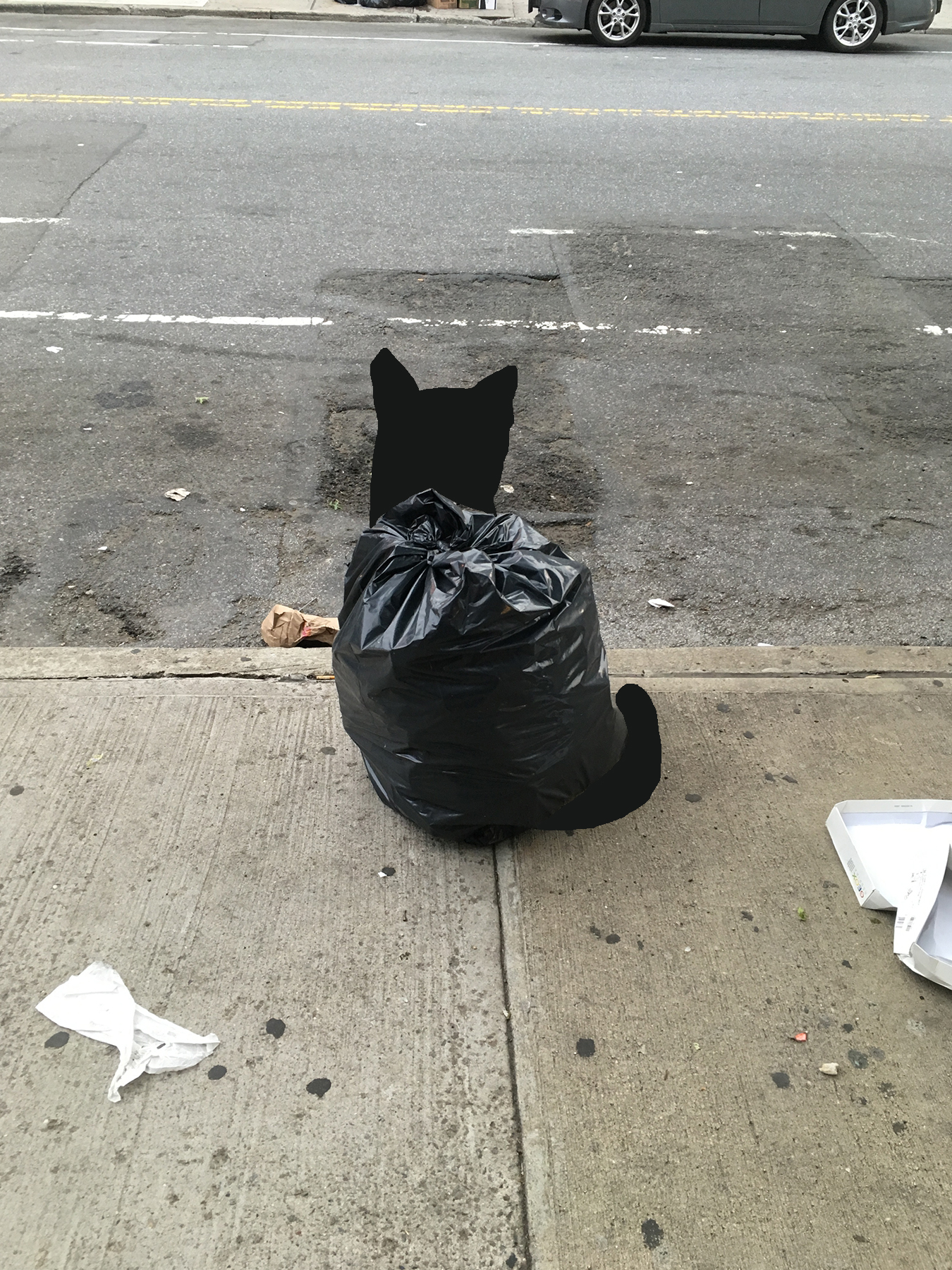 A photo of a trash bag, except now the bag is a cat