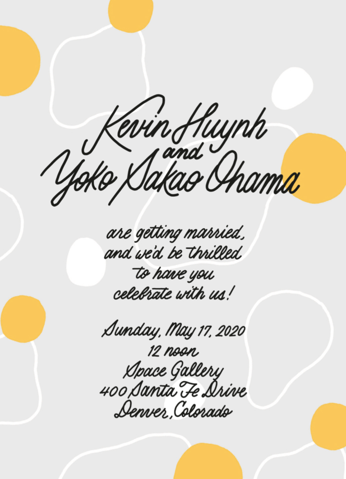 Our invitation: Hand-drawn blobby white shapes, orange yolky circles on a light gray background. The invitation text, which I guess isn’t really that important, is also hand drawn in a Sharpie-like style