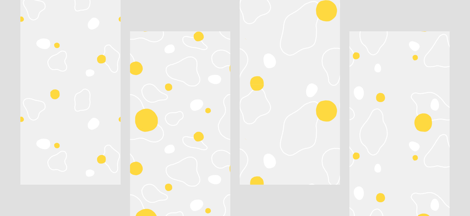 Four egg-themed seamless patterns. All feature yellow blobbys, some white blobbys, and yolky shaped white outlines at various densities and proportions.