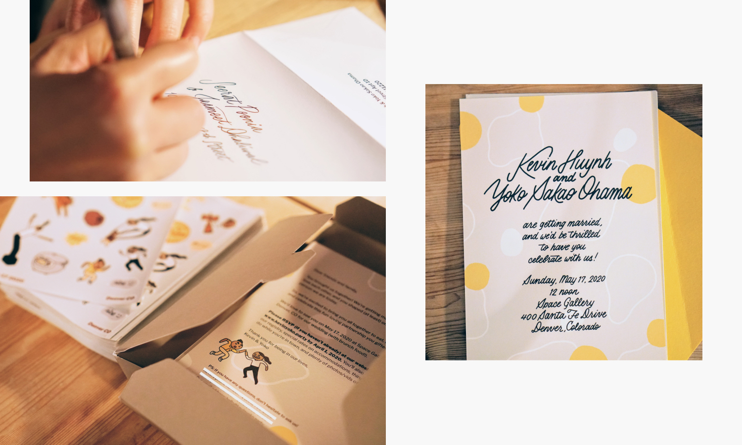A collage of three photos: Top left, I’m addressing an envelope by hand with a brush pen; bottom left: a stack of our invitations with Kevin’s note facing up next to a stack of our sticker sheets; on the right: the front side of our invitation, on a yellow envelope liner.