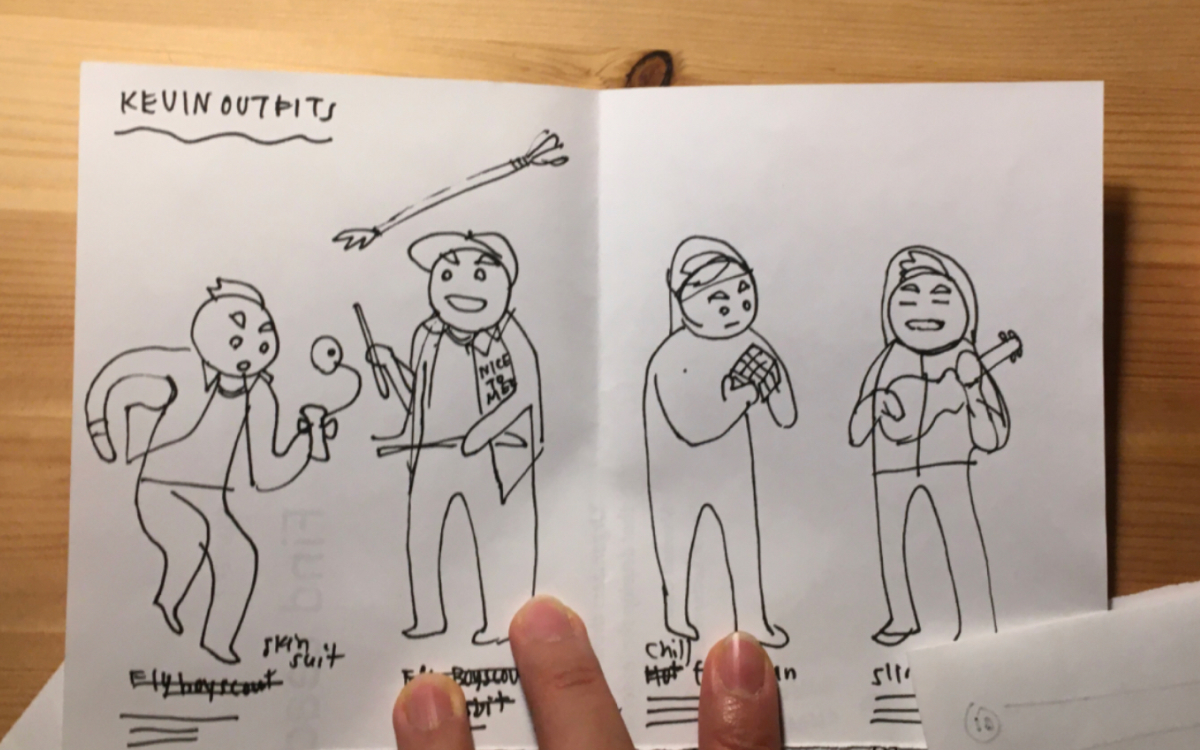 A sketch titled “Kevin outfits.” There are four drawings of Kevin wearing various outfits and doing various activities: “Skin suit” Kevin with a kendama; “Fly boyscout” Kevin with devil sticks; “Chill fisherman” Kevin with a Rubik’s cube; and “Slimfit astronaut” Kevin with an ukulele.