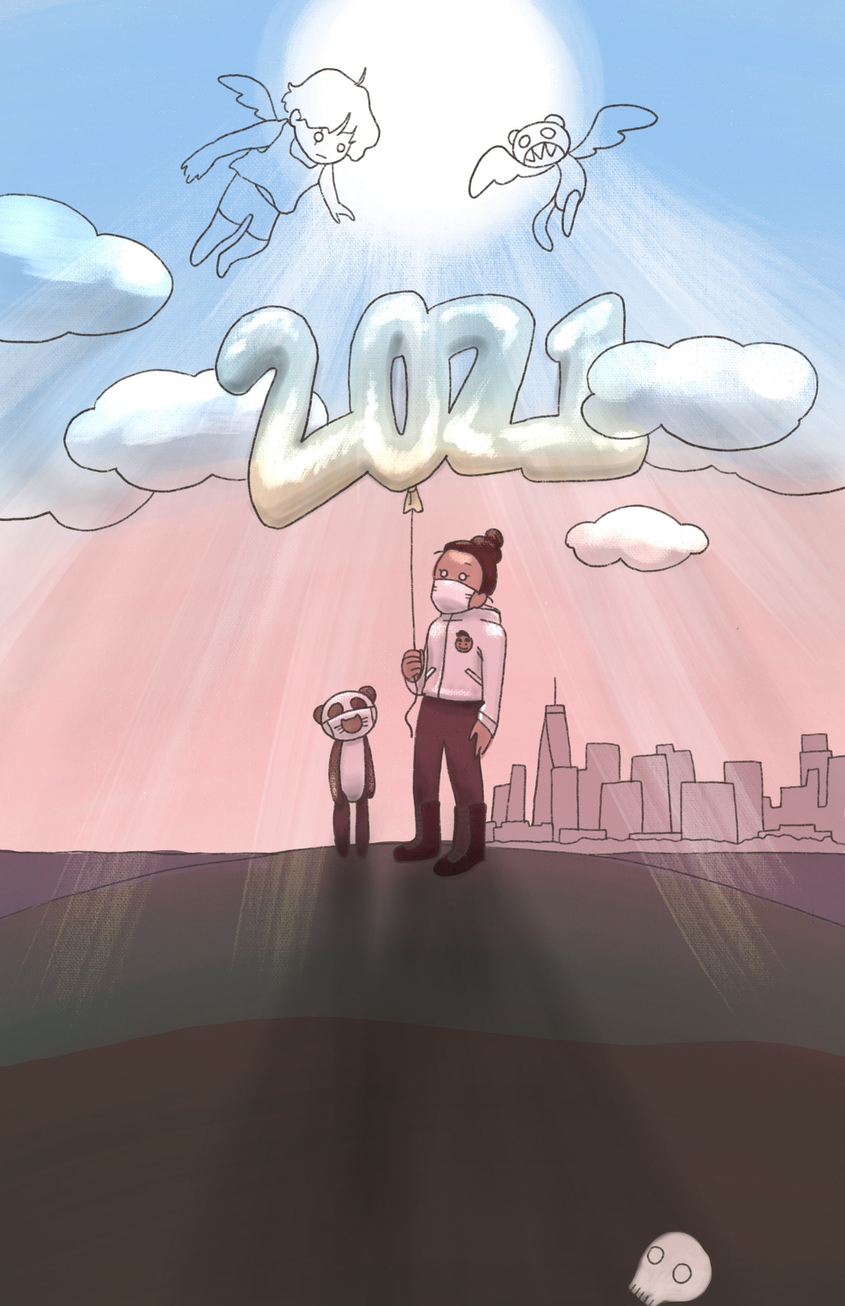 An illustration: Yoko in a mask, standing on a hill with water and a skyline of Lower Manhattan in the background. Panda is next to her, also wearing a mask. Yoko is holding a big balloon that says “2021,” which goes into the clouds. Above the clouds are Little Wing and a Winged Panda, looking down at Yoko and Panda. There is a sun shining down, coming a little bit through the clouds. Deep in the ground of the hill, there is a skull.