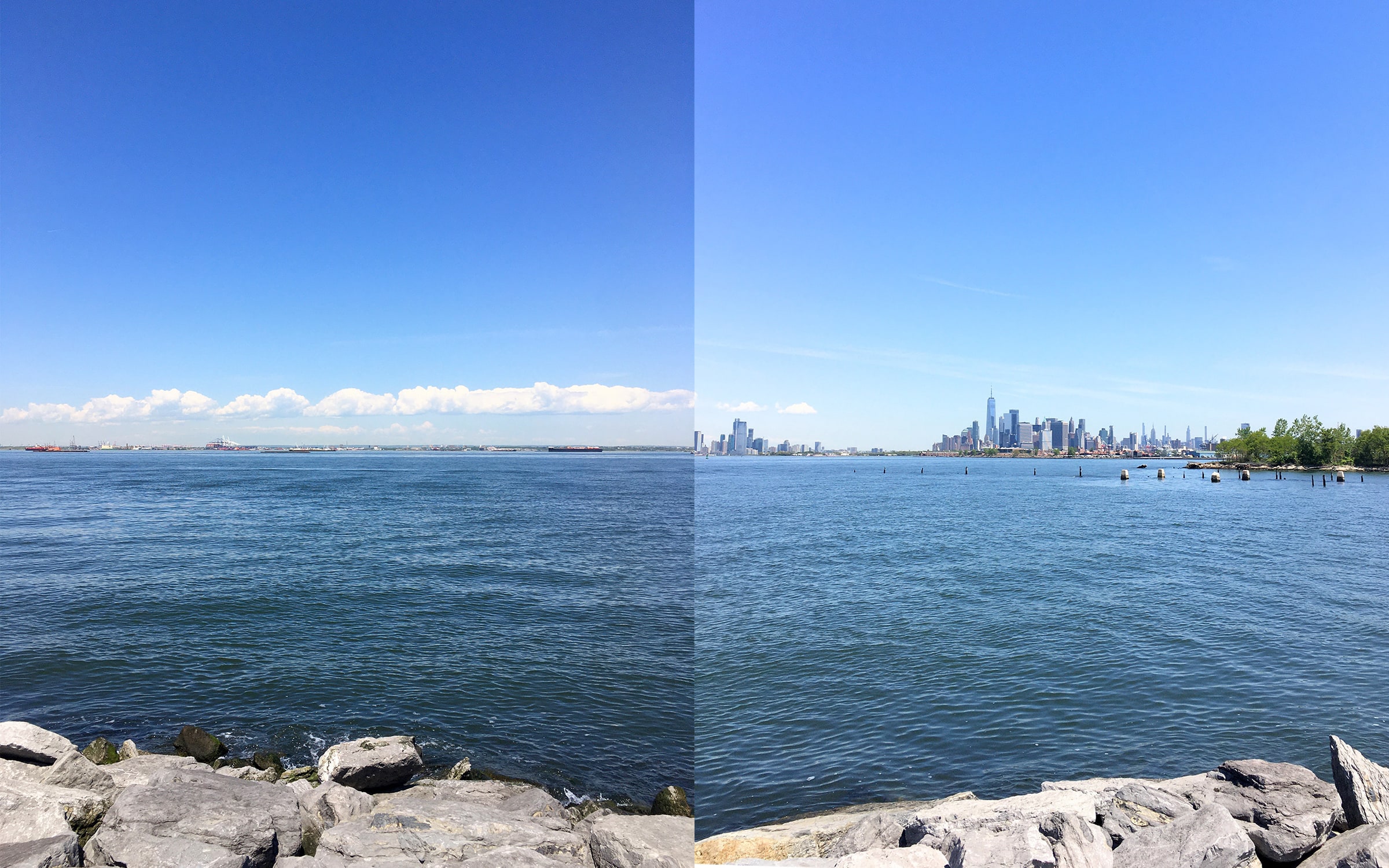 Diptych photo of the view from the jetty in Bush Terminal Park AKA Cat Park. Left photo is facing northwest, and beyond the Upper Bay you can see New Jersey; above there is a strip of cloud on a blue sky. Right photo is facing north, and you can see part of Red Hook, Governor’s Island, and the Manhattan skyline.