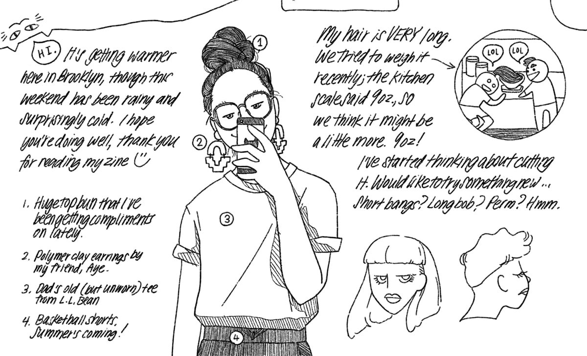 A jpg export of the first spread. I talk about my hair. There is a funny drawing of me and Kevin in the kitchen trying to use a kitchen scale to weigh my hair lol